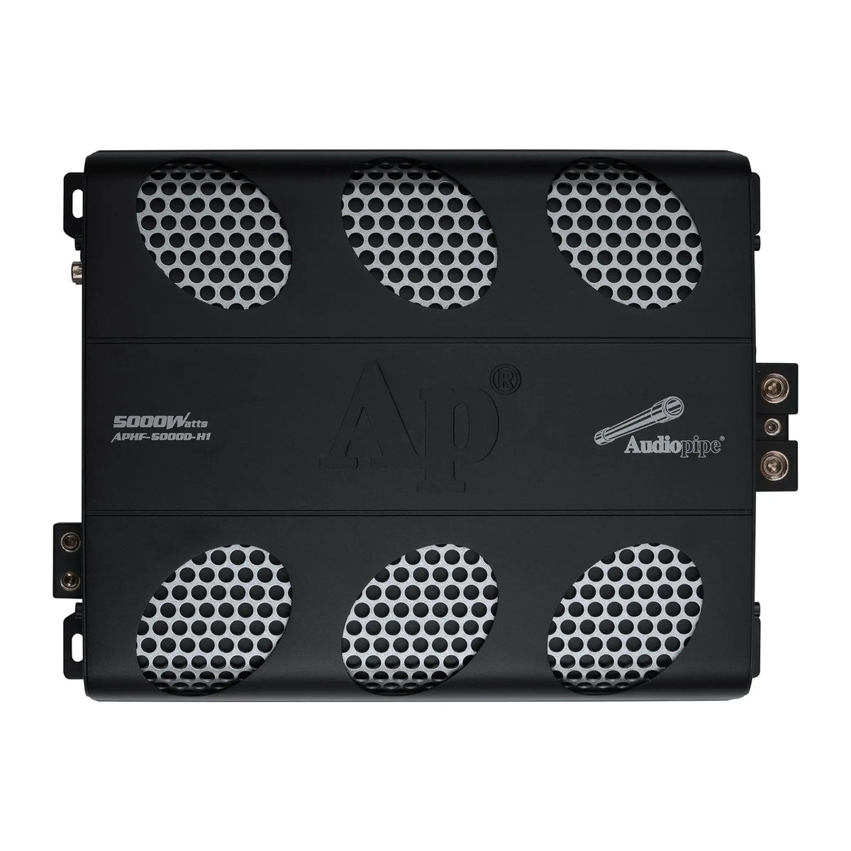 Top view of a black Audiopipe APHF-5000D-H1 amplifier with six silver mesh vents