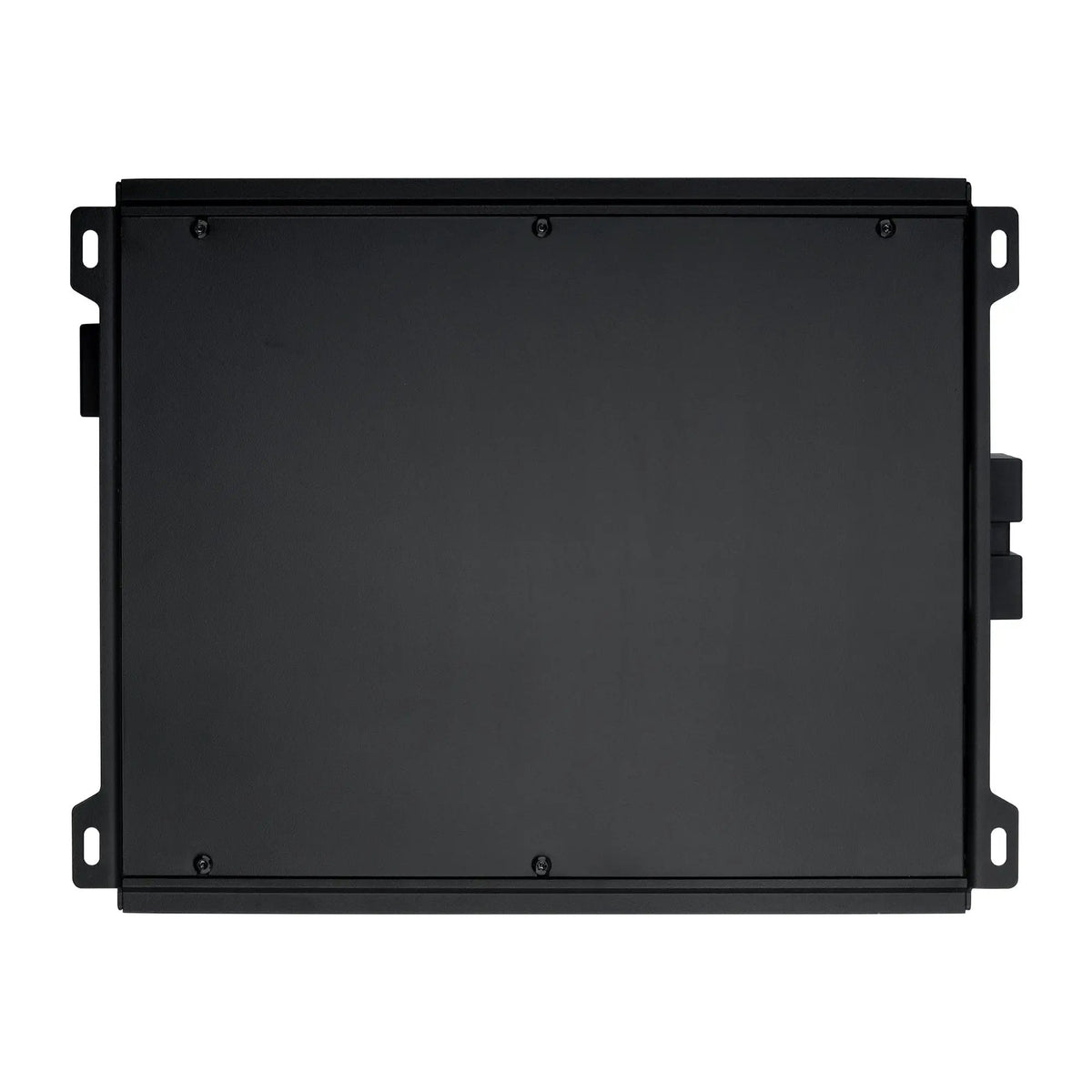 Underside of a black amplifier with a flat cover plate and mounting tabs