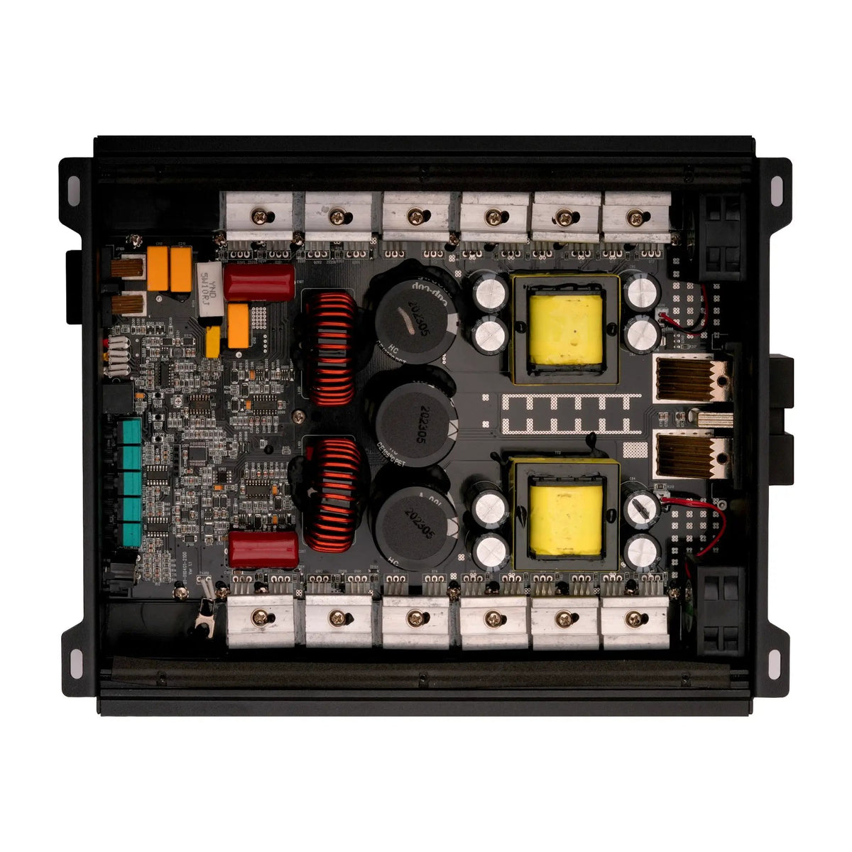 Audiopipe amplifier with cover removed, showing its circuit board and internal components