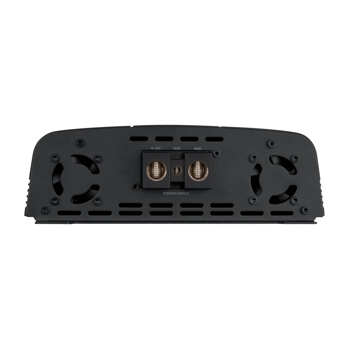Audiopipe amplifier power-input end panel with three terminals and twin fan openings