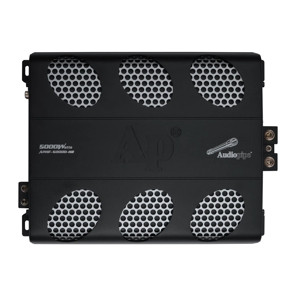 Top view of an Audiopipe APHF-5000D-H2 amplifier with six silver mesh vent panels