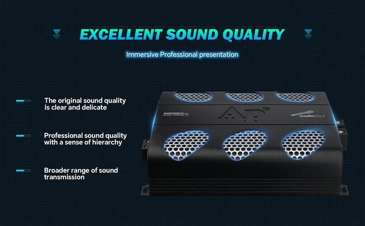 Audiopipe amplifier graphic emphasizing sound quality beside a top view with silver mesh vents