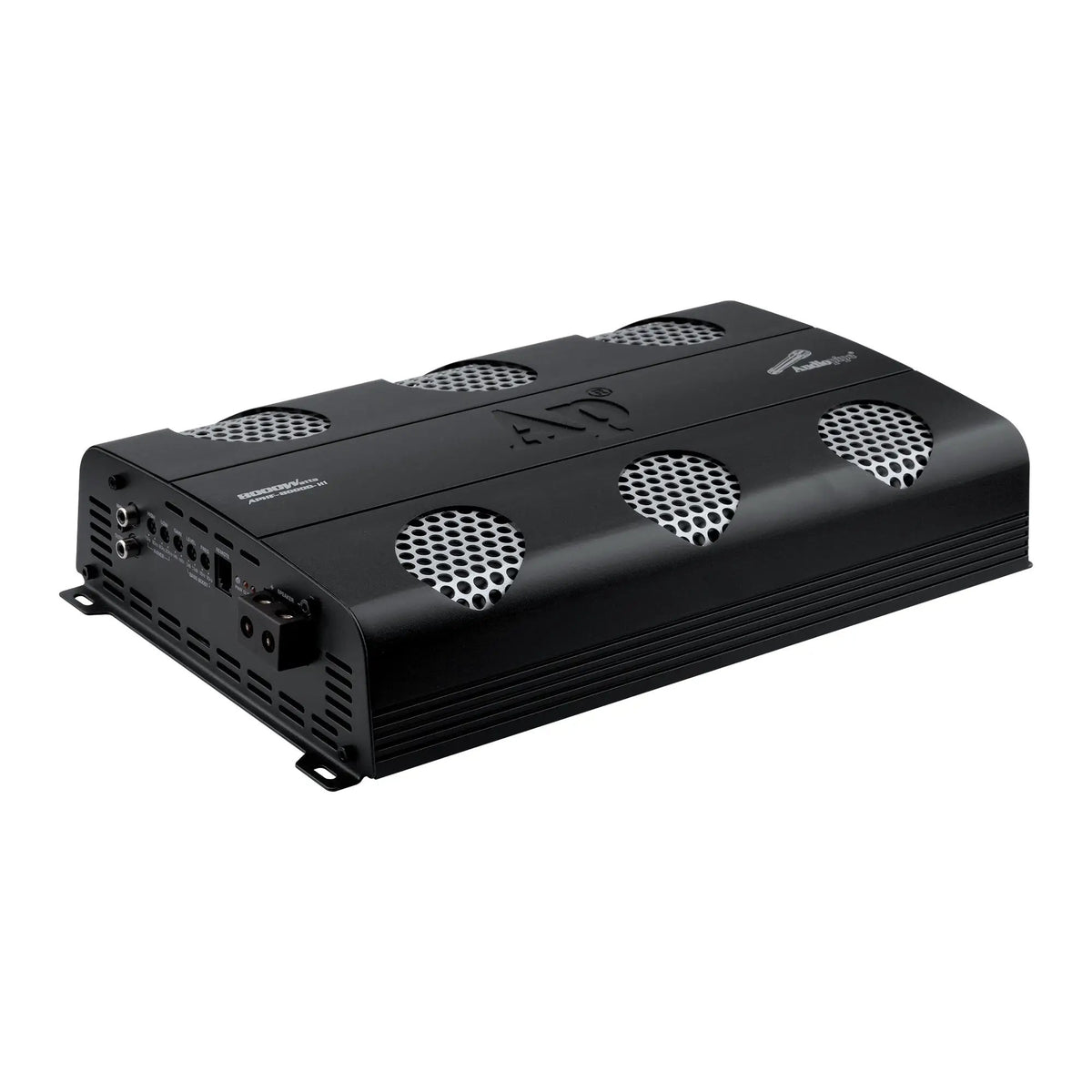 Angled Audiopipe APHF-8000D-H1 amplifier showing mesh vents and its control end