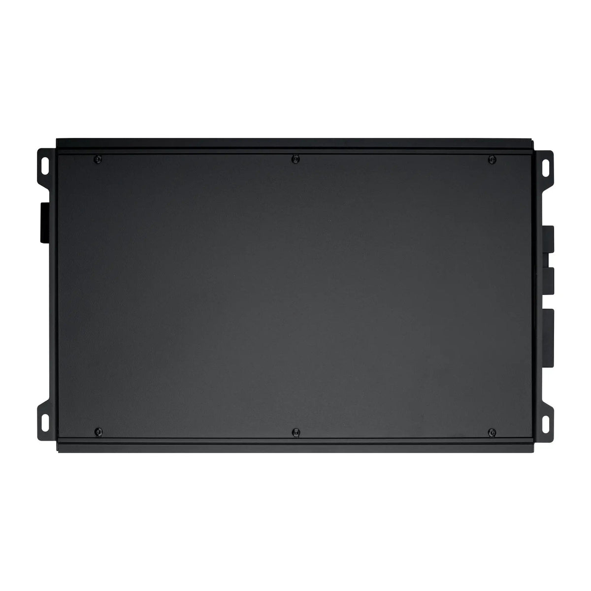 Bottom view of a black amplifier with a plain rectangular metal cover and side mounting tabs
