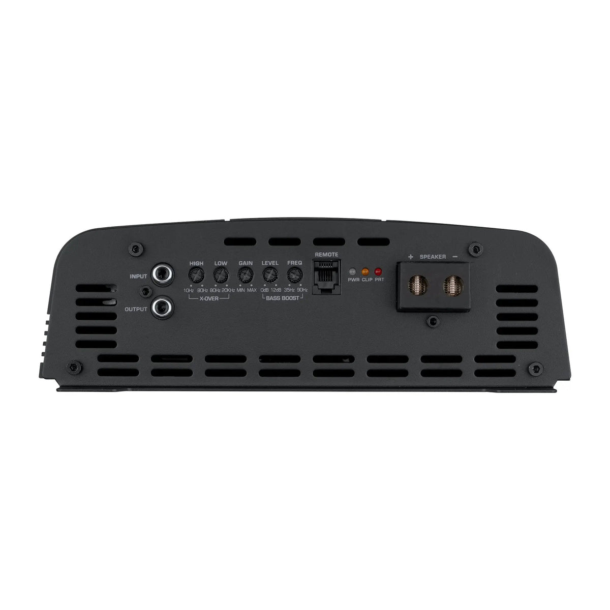 Amplifier end panel with RCA input and output, gain and crossover controls, remote socket and speaker terminals