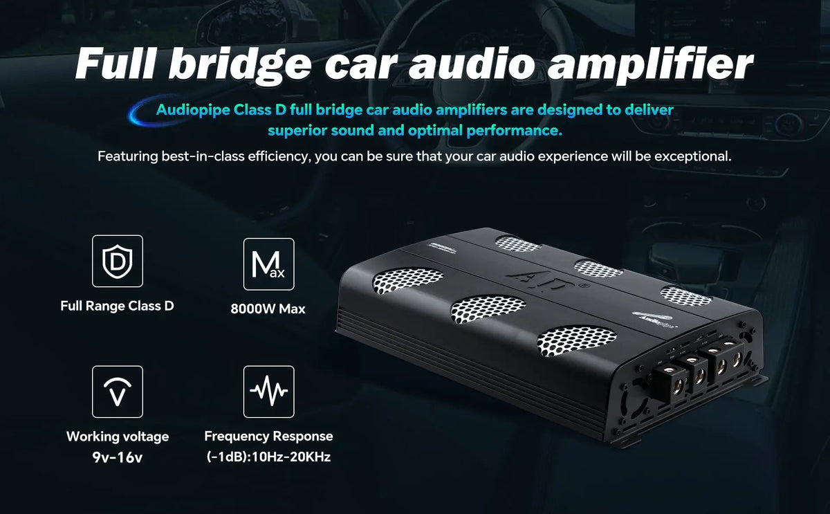 APHF-8000D-H1 feature graphic listing 8000 W maximum power, 9–16 V operation and 10 Hz–20 kHz response