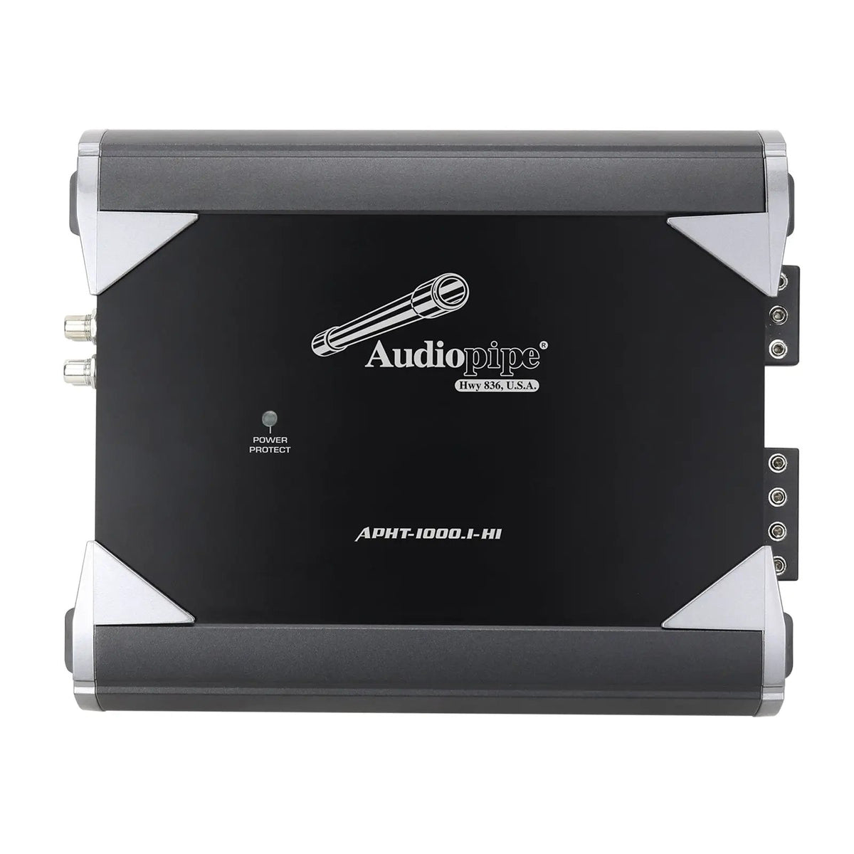 Audiopipe APHT-1000.1-H1 amplifier top view with silver corner trim and a power-protect indicator