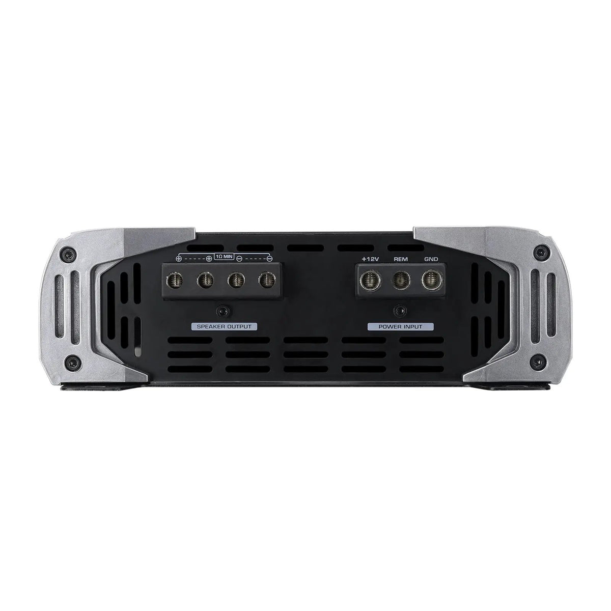 Amplifier end panel with separate speaker-output and power-input terminal blocks