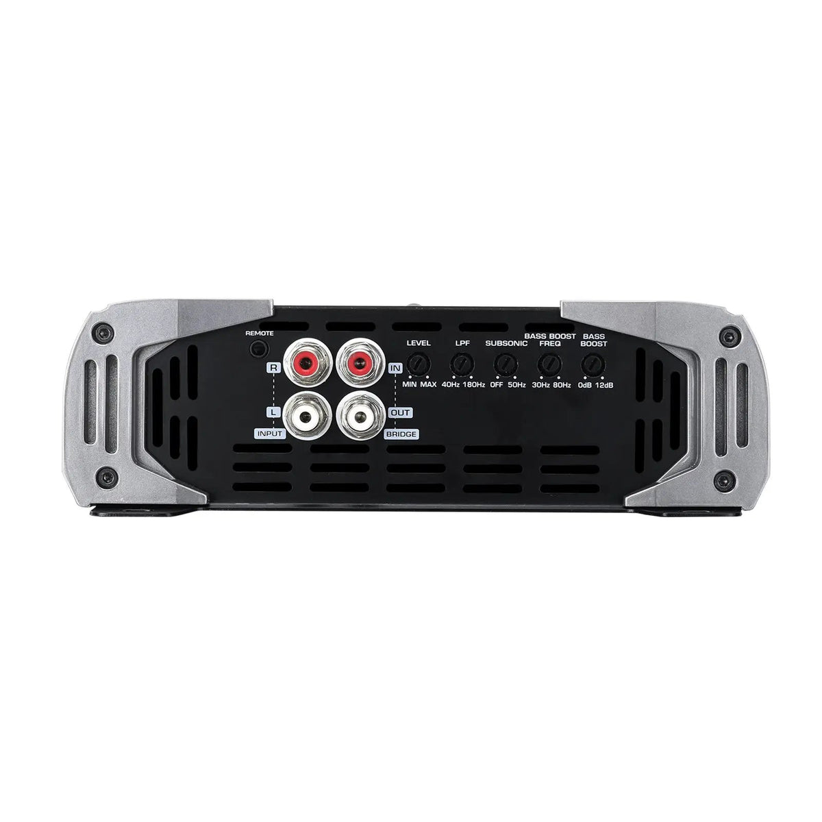 Audiopipe amplifier control panel with RCA input and output sockets, adjustment knobs and a remote port