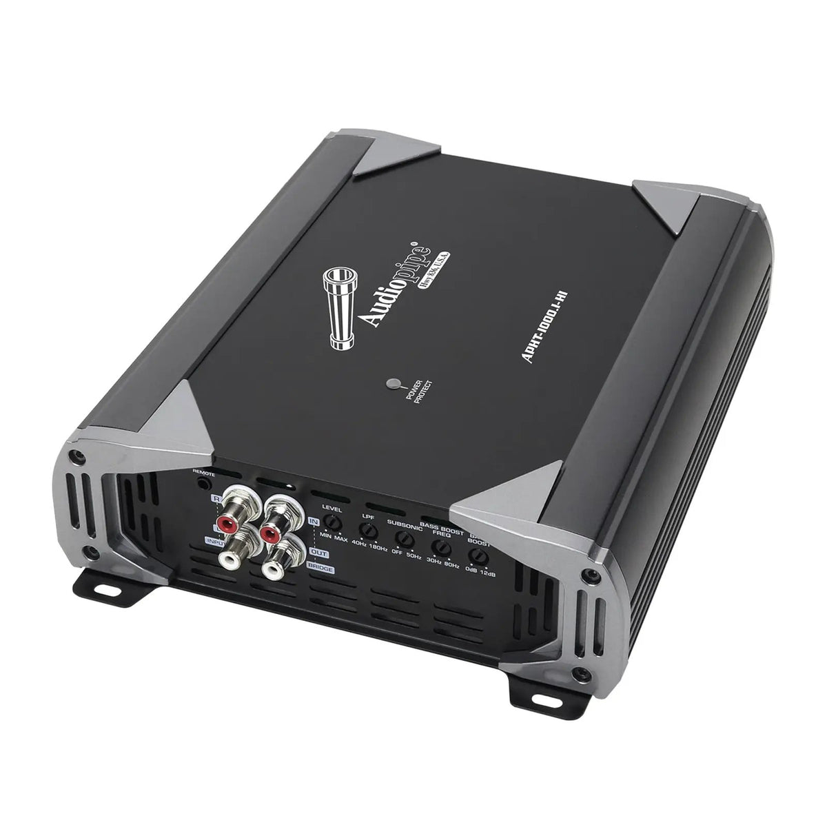 Angled Audiopipe APHT-1000.1-H1 amplifier with RCA sockets and adjustment controls