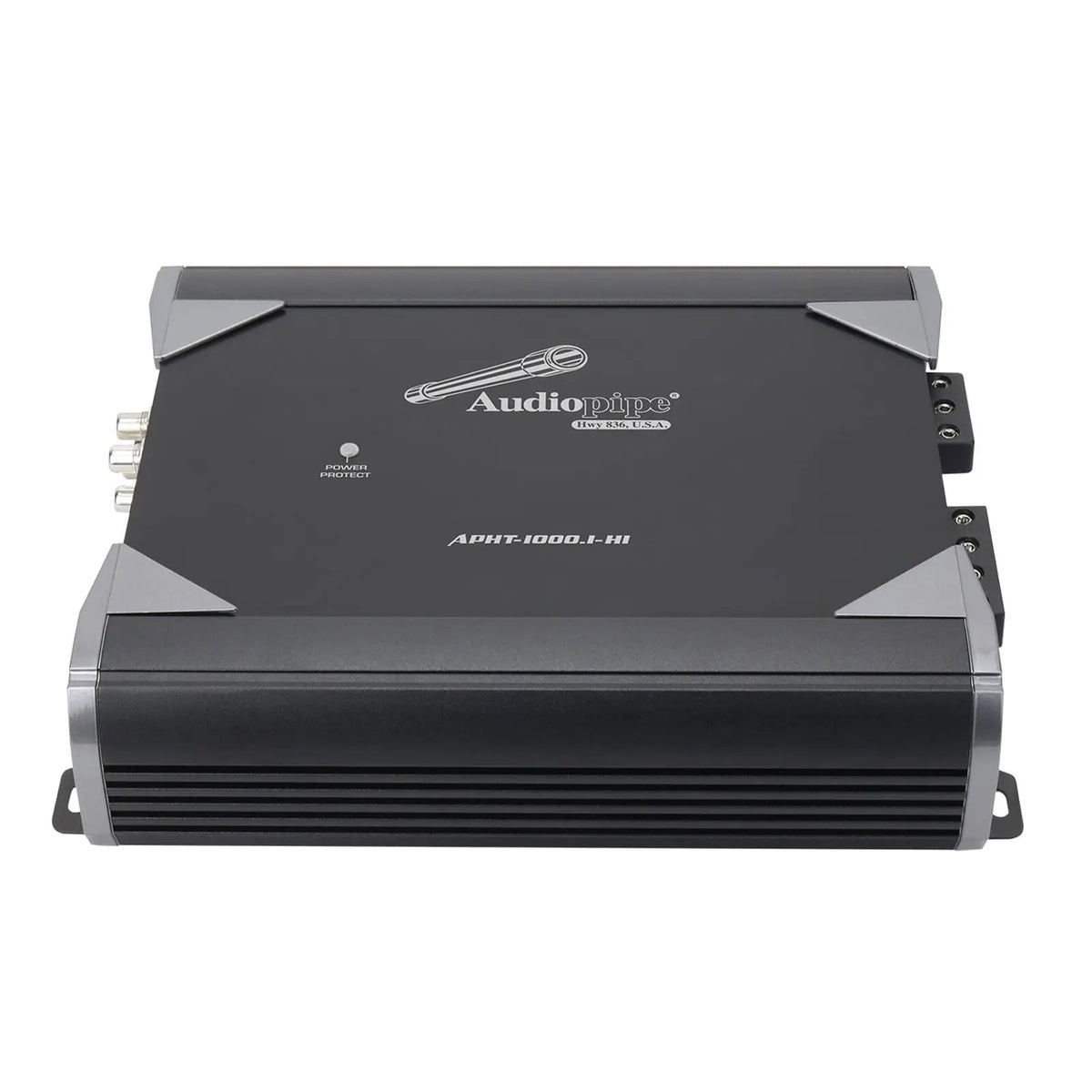 Top and side view of an Audiopipe APHT-1000.1-H1 amplifier with silver corner accents