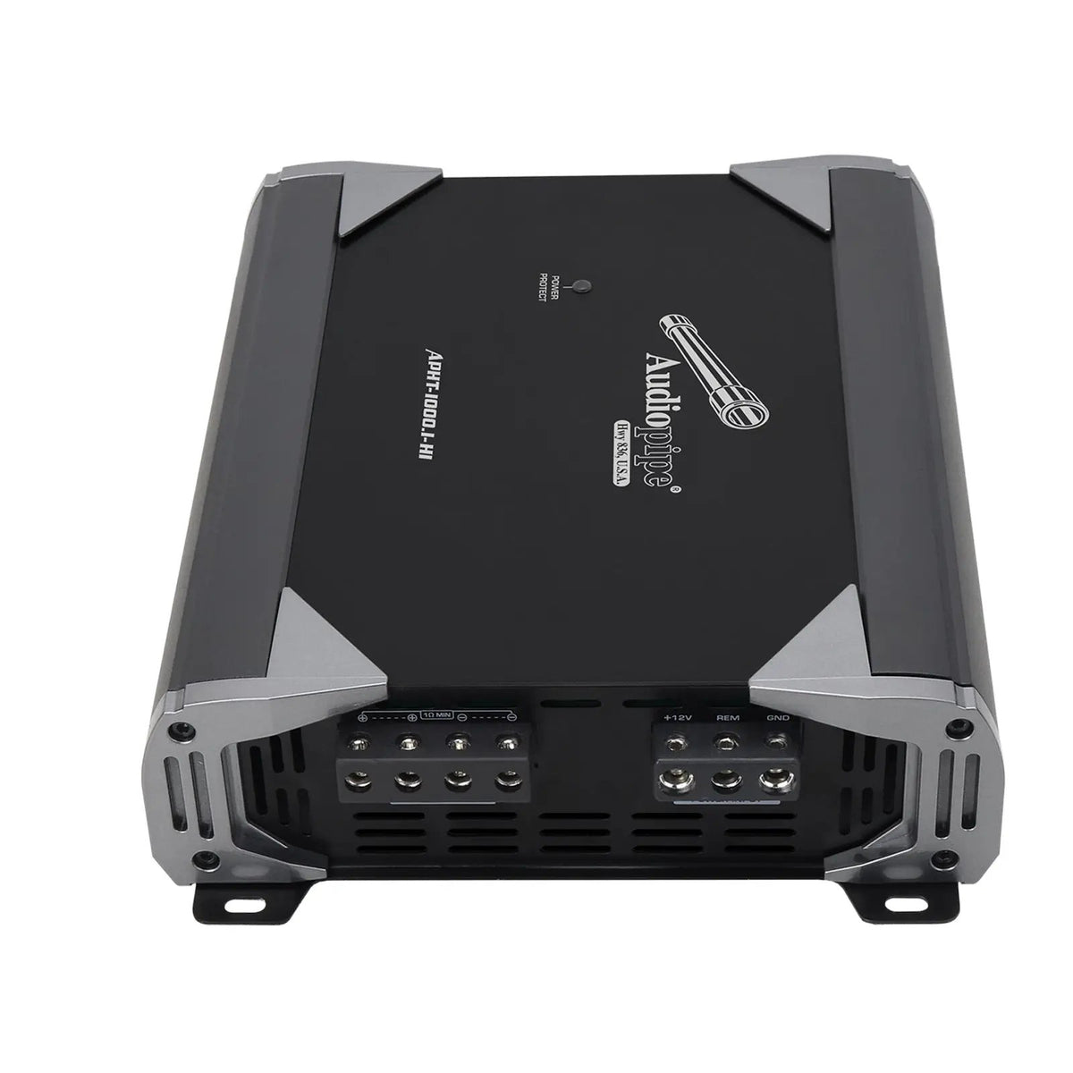 Audiopipe APHT-1000.1-H1 amplifier, angled power-terminal view