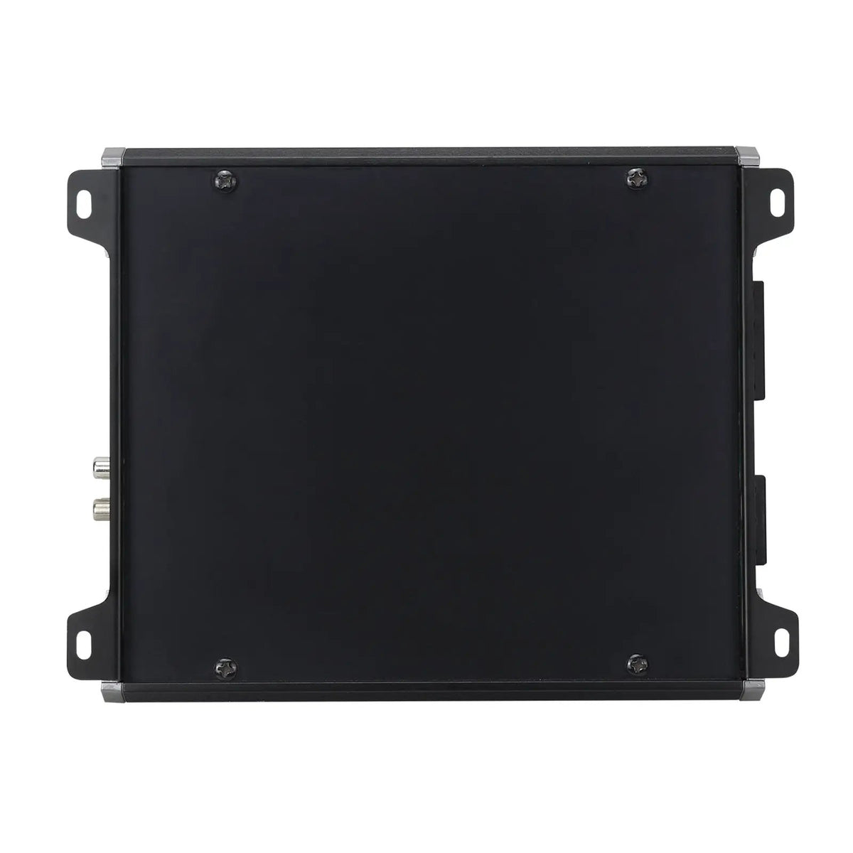 Underside of compact black amplifier showing its flat base and mounting tabs
