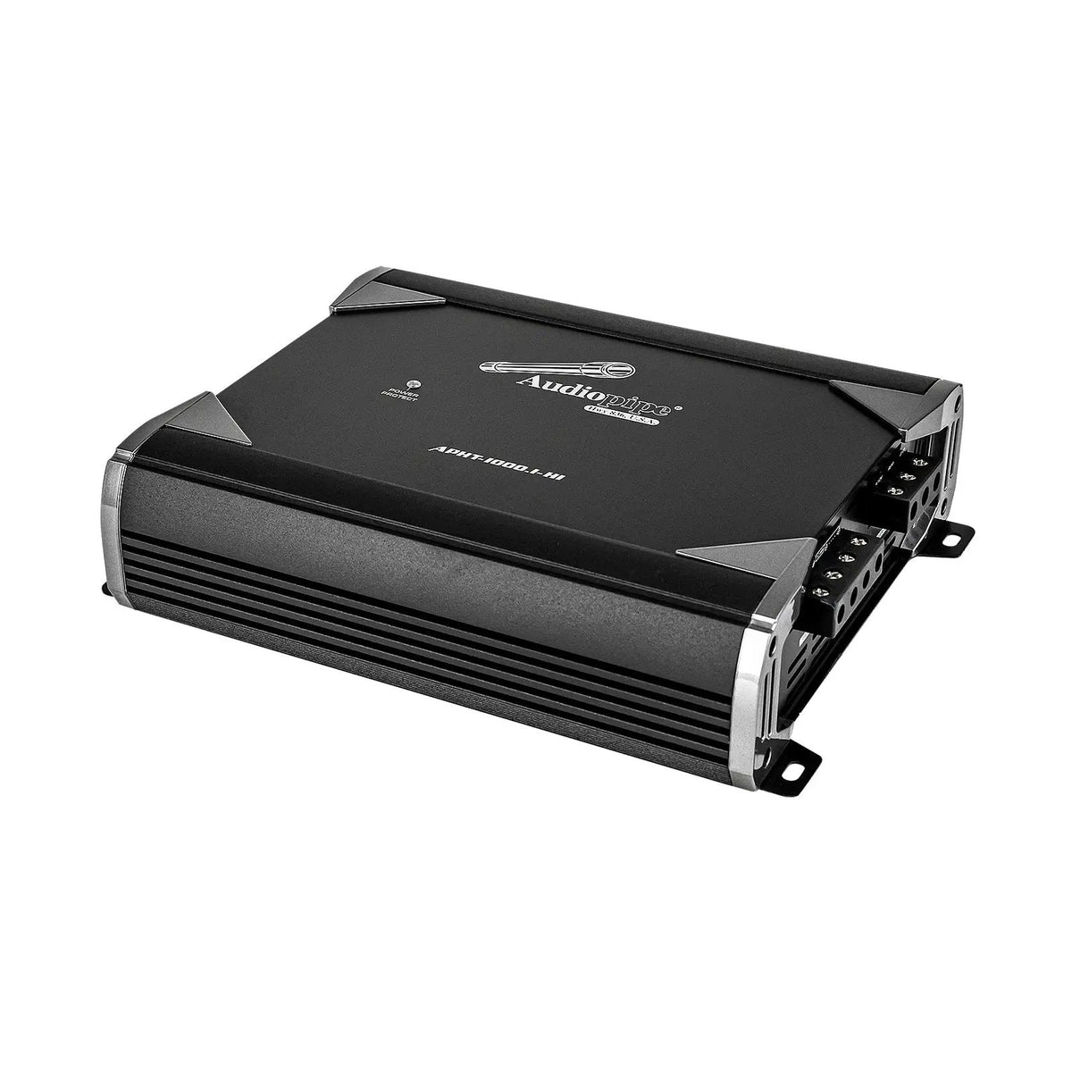 Opposite angle of a black Audiopipe amplifier showing its finned side and connection end