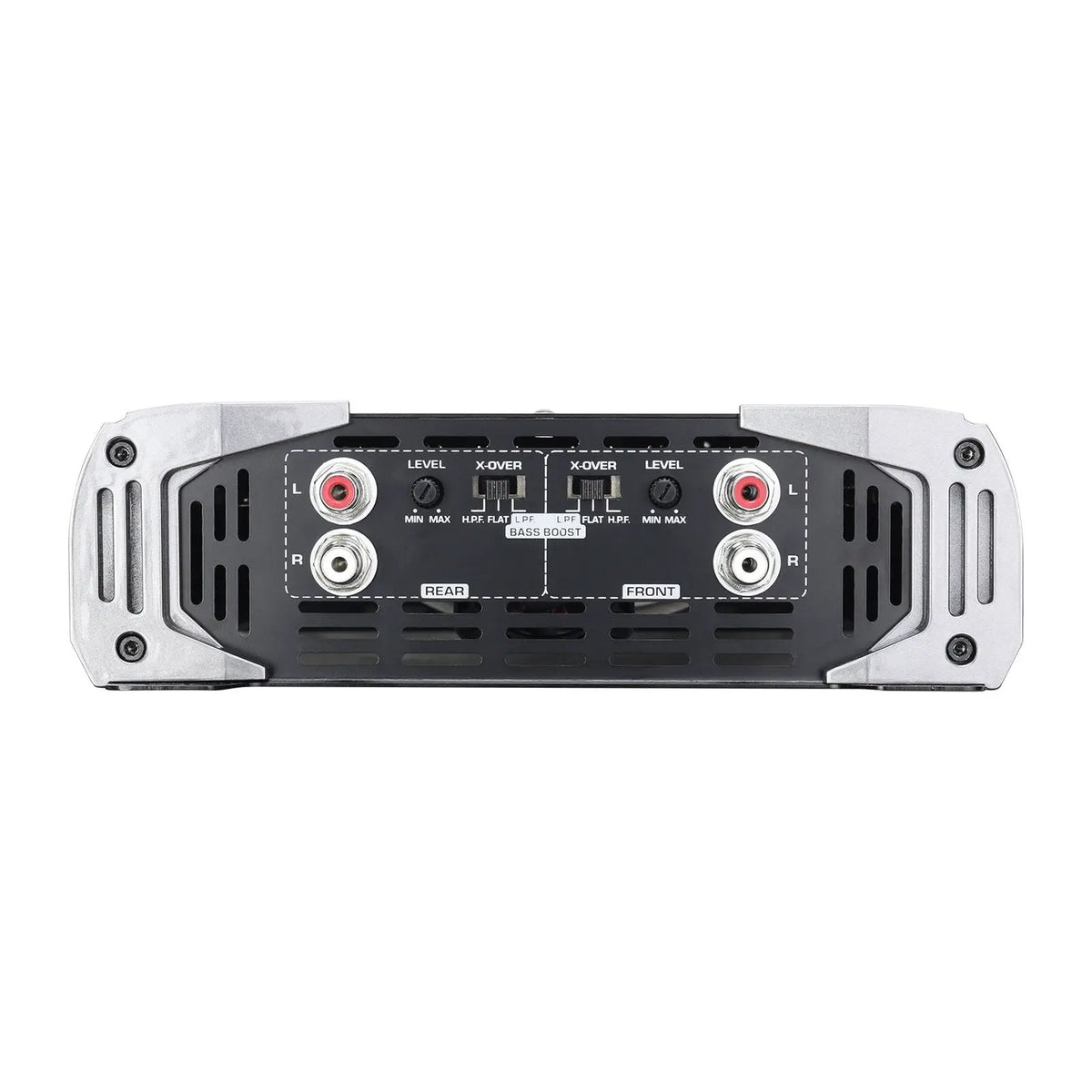 Audiopipe amplifier control panel with four RCA sockets and separate channel-pair level and crossover controls