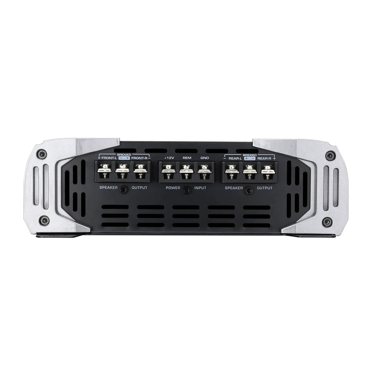 Amplifier terminal panel with front and rear speaker outputs around the central power connections