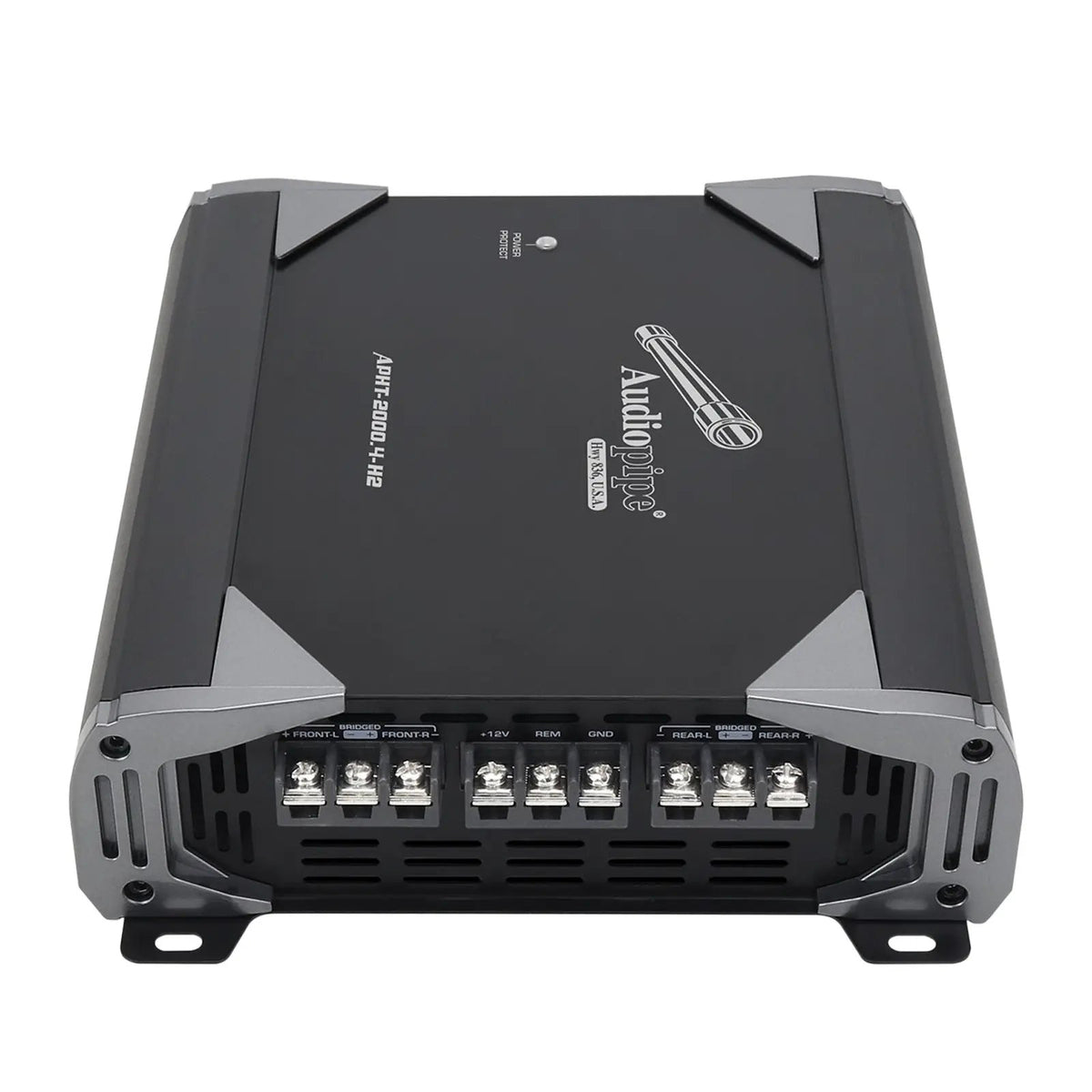 Audiopipe APHT-2000.4-H2 amplifier showing power and speaker screw terminals