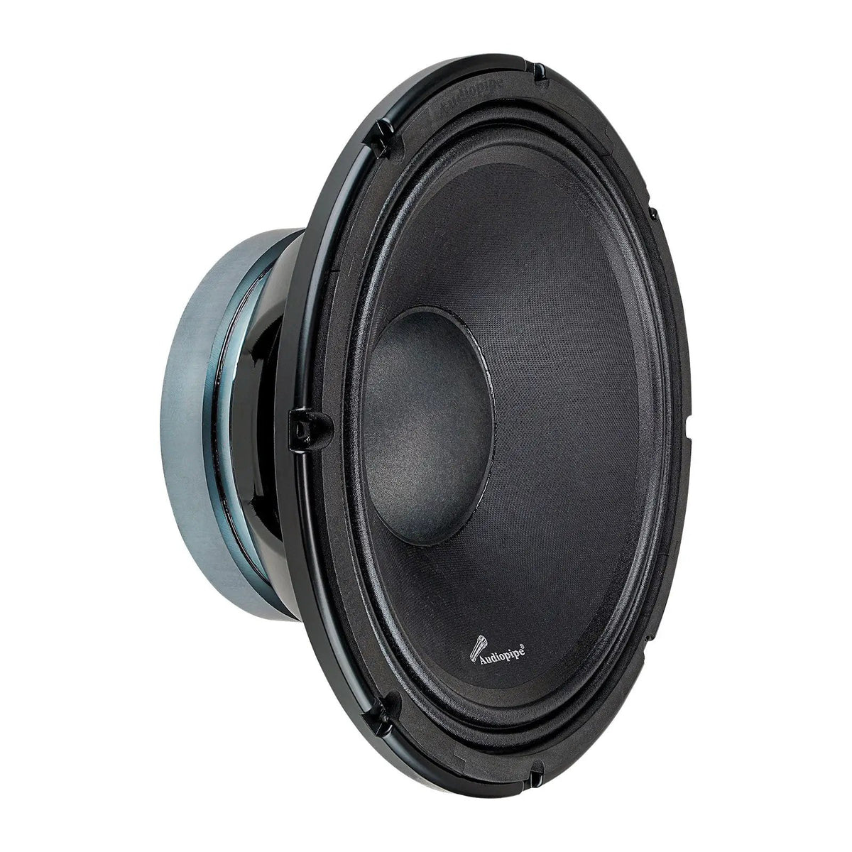 Angled black Audiopipe speaker showing its cone, basket and silver magnet