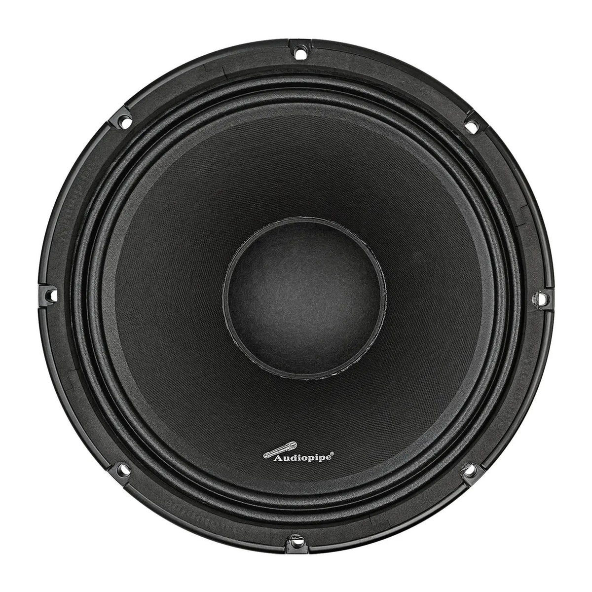 Front of a black Audiopipe speaker with a smooth cone, domed center and slotted mounting holes