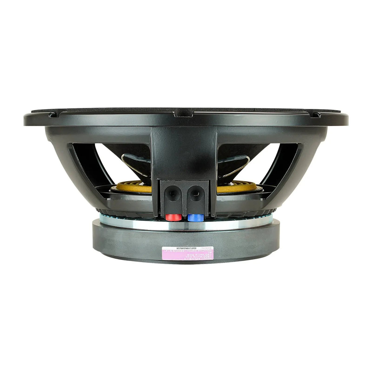 Audiopipe loudspeaker side view showing its basket, large magnet and red and black terminals