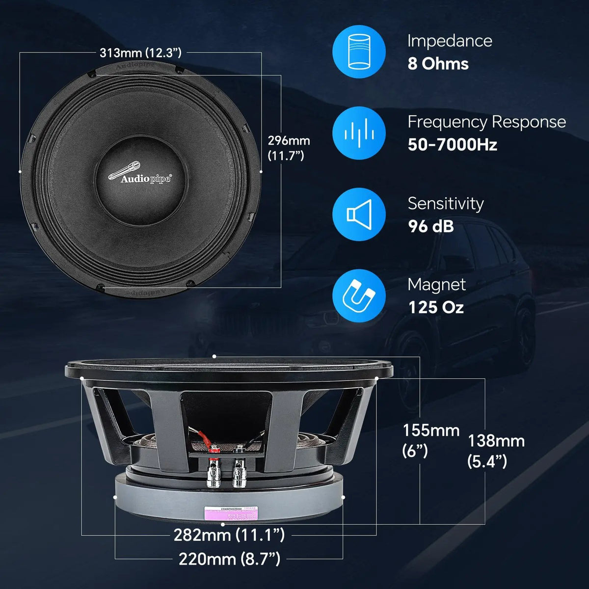 Audiopipe midrange speaker dimensions and specifications: 8 ohms, 50–7000Hz, 96dB sensitivity and 138mm mounting depth