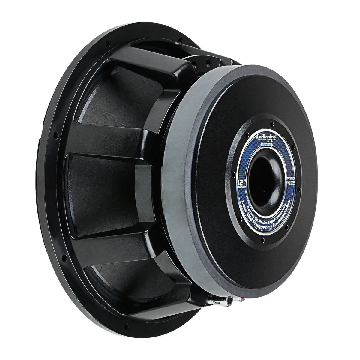 Rear angled view of a black loudspeaker showing its large magnet, central vent and open basket
