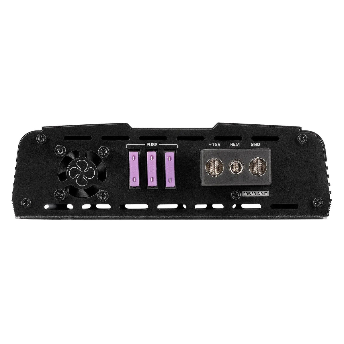 Amplifier power panel with cooling fan, three purple fuses and connection terminals