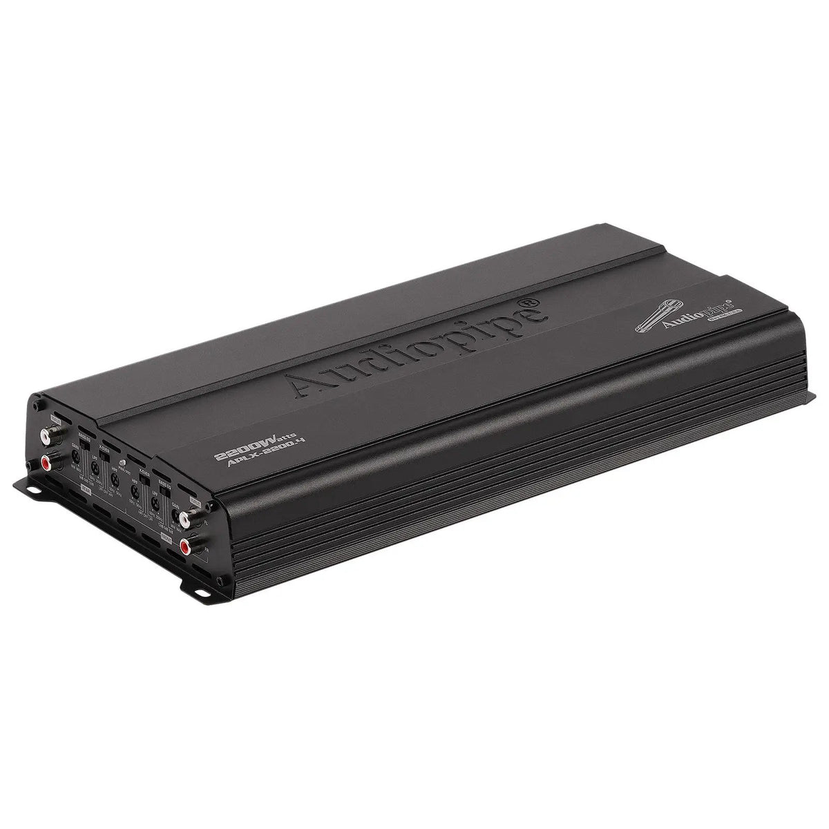 Angled black Audiopipe amplifier with raised top lettering and a multi-input control panel
