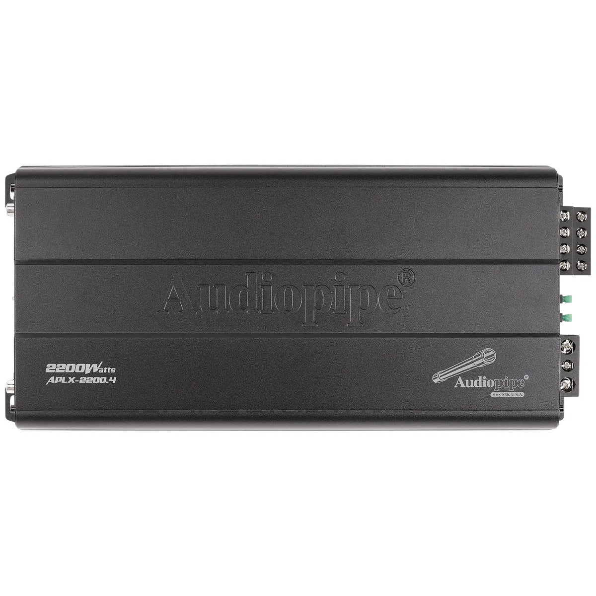 Top view of an Audiopipe APLX-2200.4 amplifier with a printed 2200-watt label