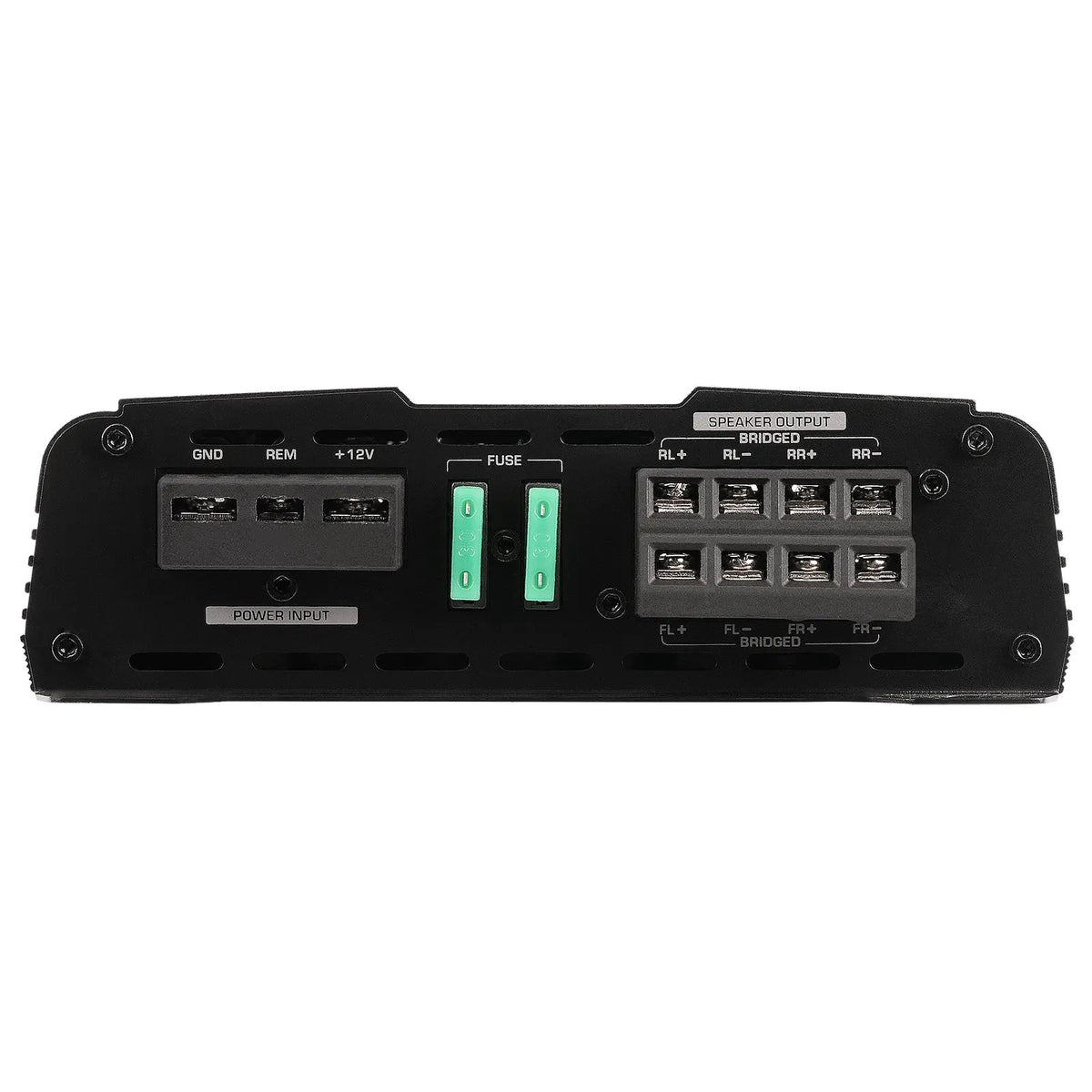Amplifier output panel with speaker terminals, power connections and two green fuses