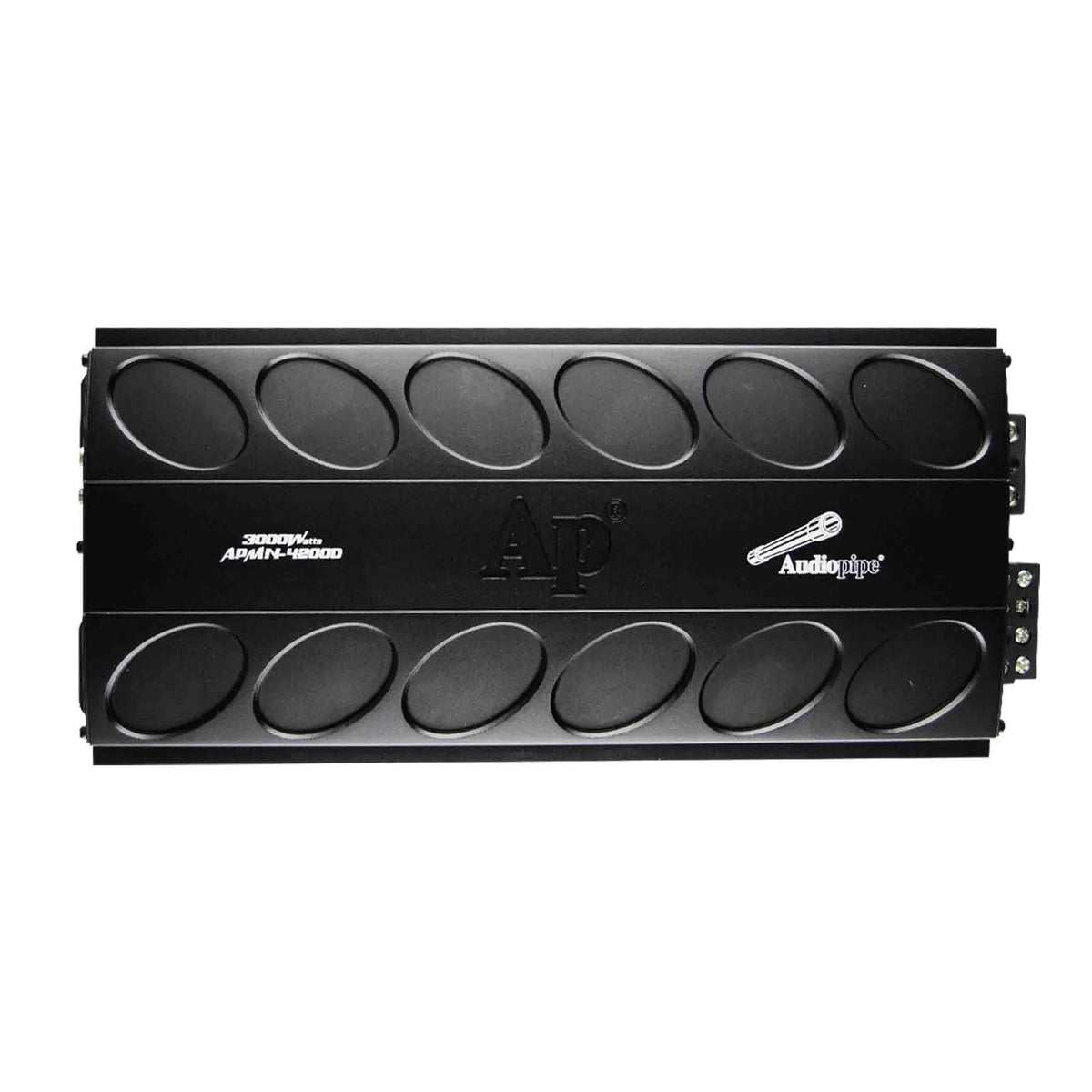 Audiopipe APMN-4200D amplifier top view with an embossed AP logo and oval side details