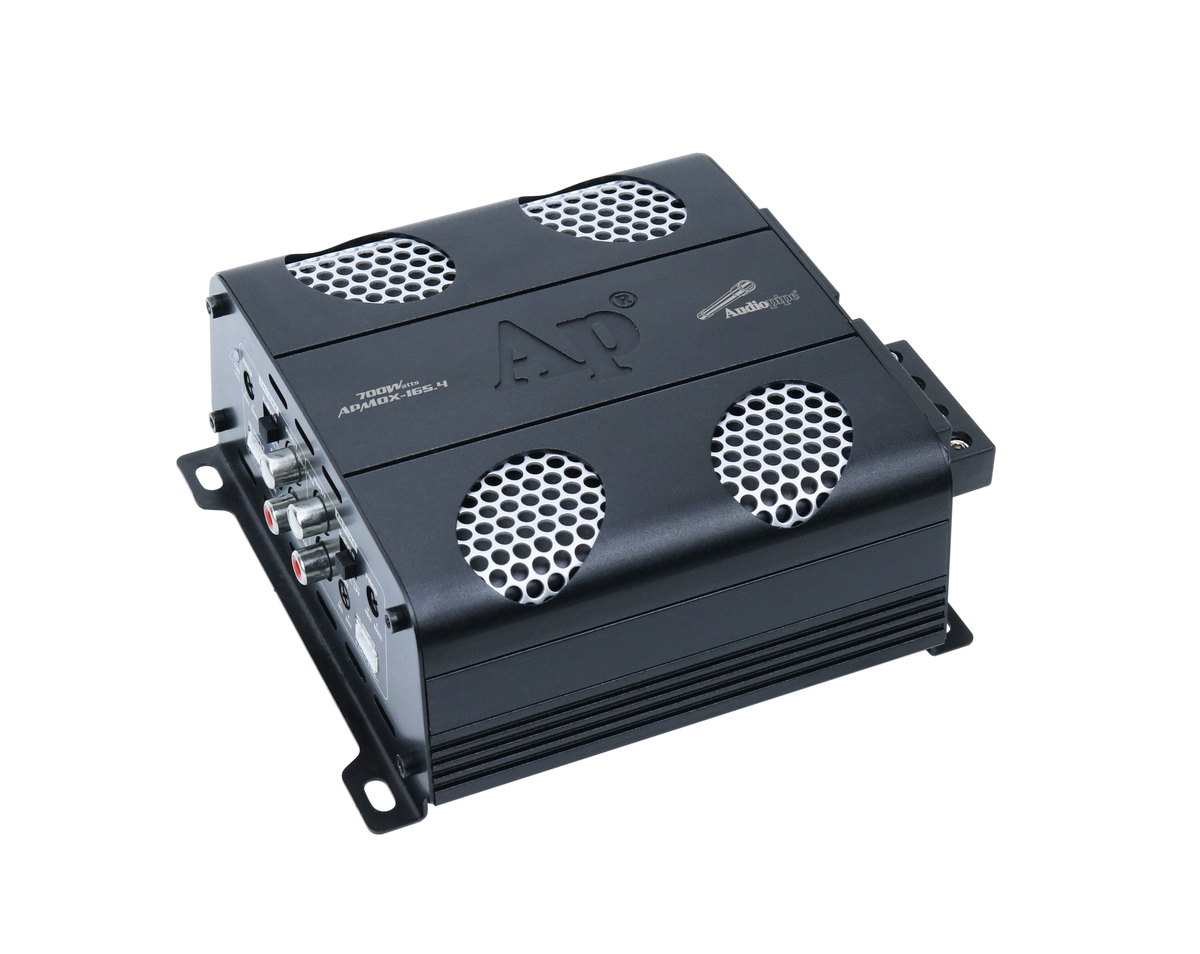 Audiopipe APMOX-165.4 amplifier with four silver mesh vents, RCA inputs and adjustment controls