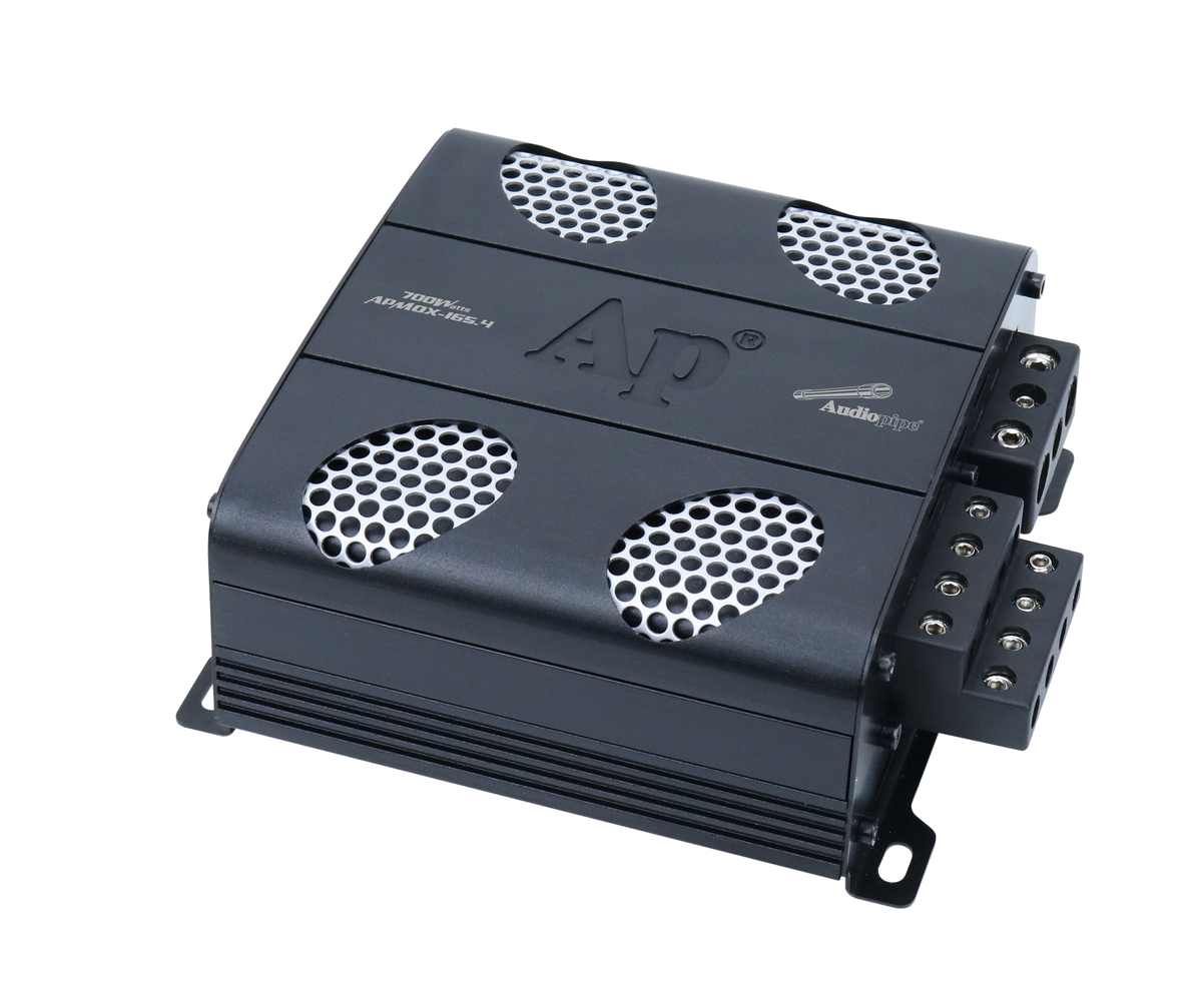 Angled view of an Audiopipe APMOX-165.4 amplifier with four silver mesh vents and 700W marking