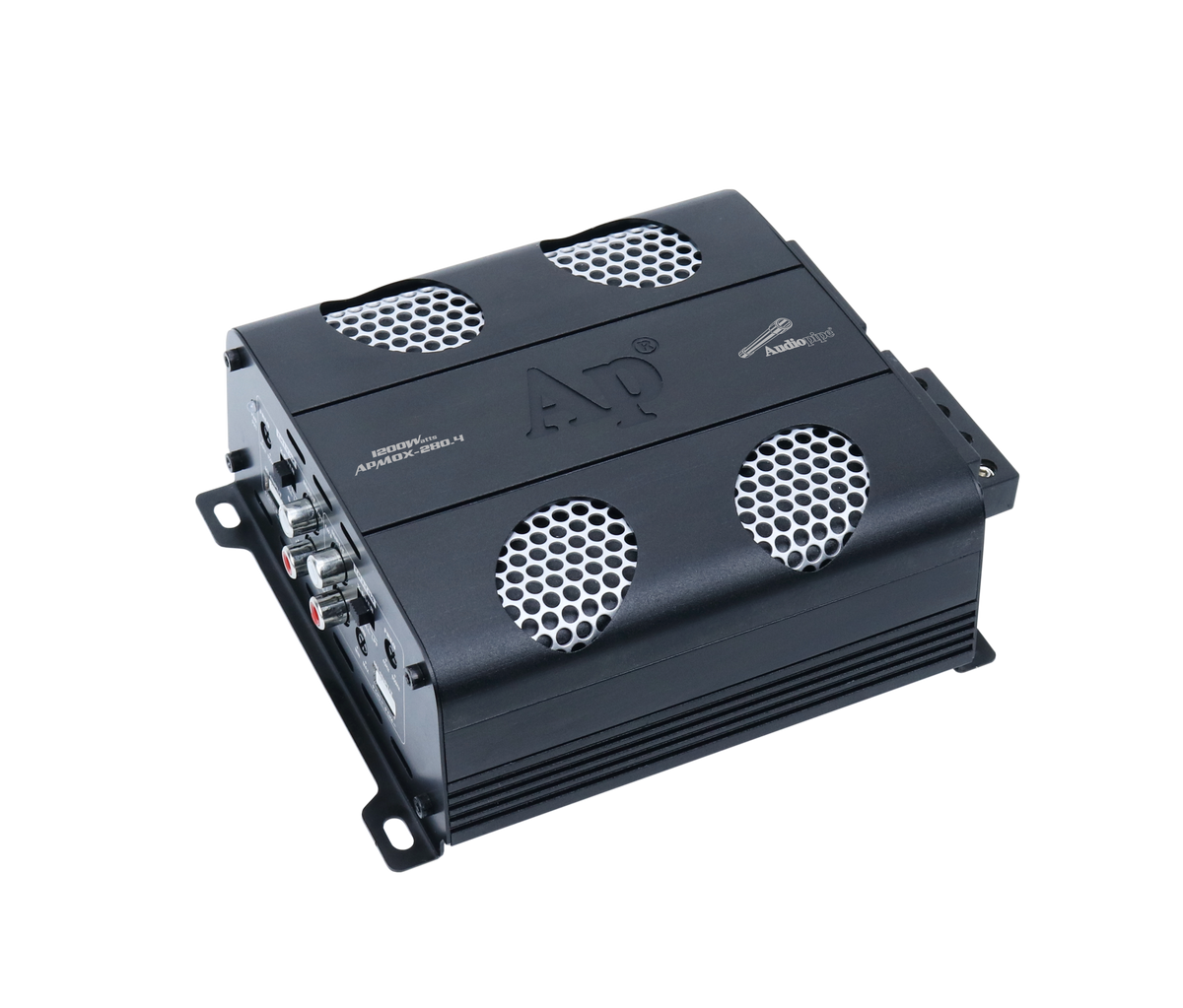 Audiopipe APMOX-280.4 amplifier viewed from its RCA input and control end