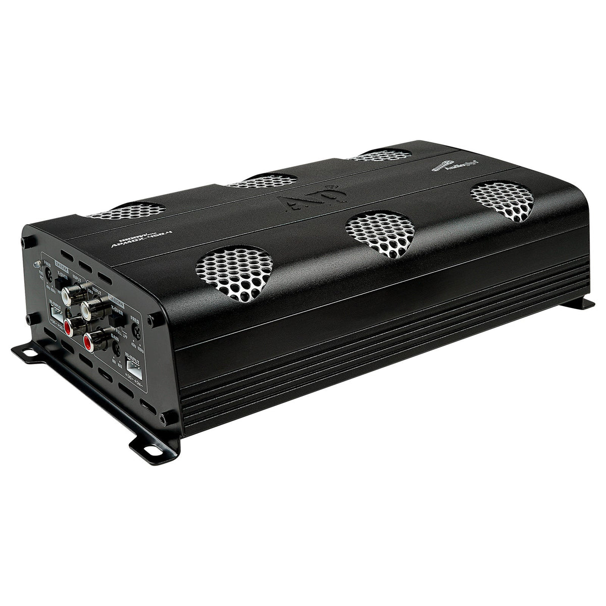 Angled view of a black Audiopipe amplifier showing its silver mesh vents and RCA input panel