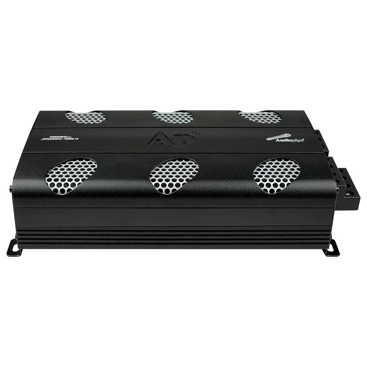 Audiopipe mini amplifier side and top view showing its black housing and silver mesh vents