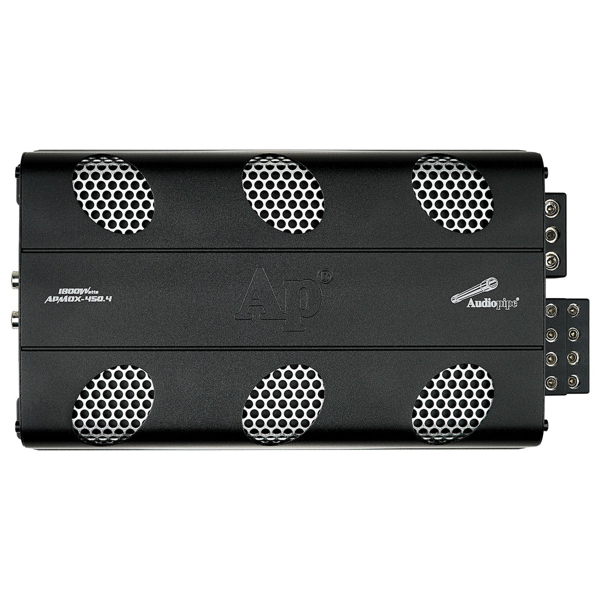 Top view of an Audiopipe APMOX-450.4 amplifier with six silver mesh vents and 1800W marking