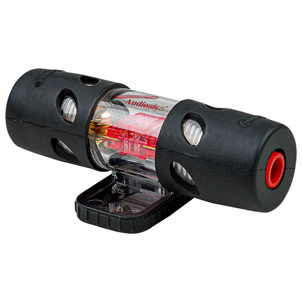 Audiopipe inline fuse holder with a clear central cover, black end caps and mounting base