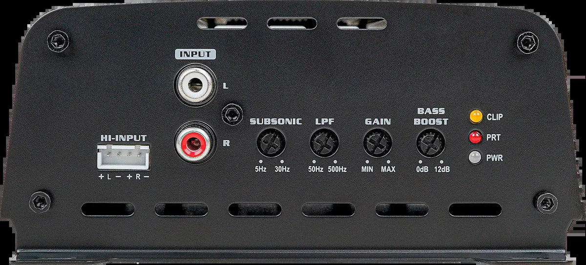 Audiopipe APMOX-800.1 amplifier input panel with RCA connections, subsonic, low-pass, gain and bass boost controls.