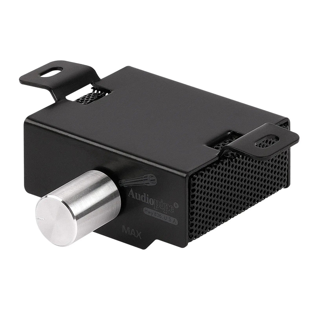 Angled view of black amplifier remote with silver knob and ventilated side panel