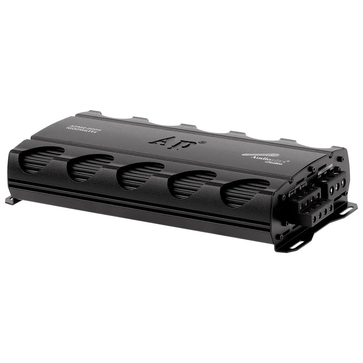 Black Audiopipe amplifier viewed from the power and speaker terminal end
