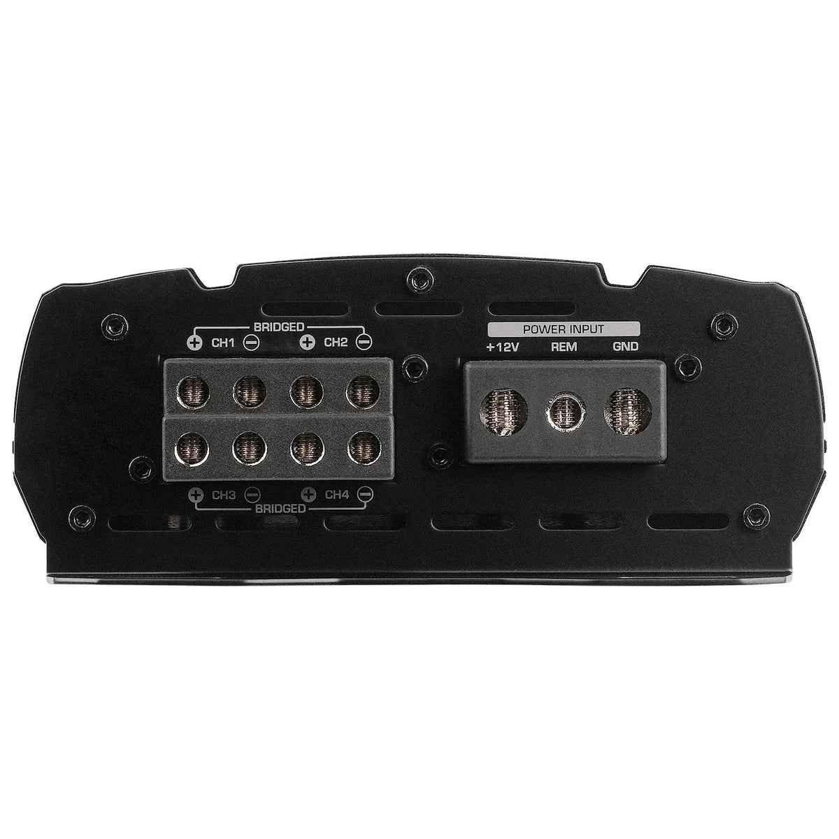 Amplifier terminal panel with four channel-labeled speaker output pairs and power connections