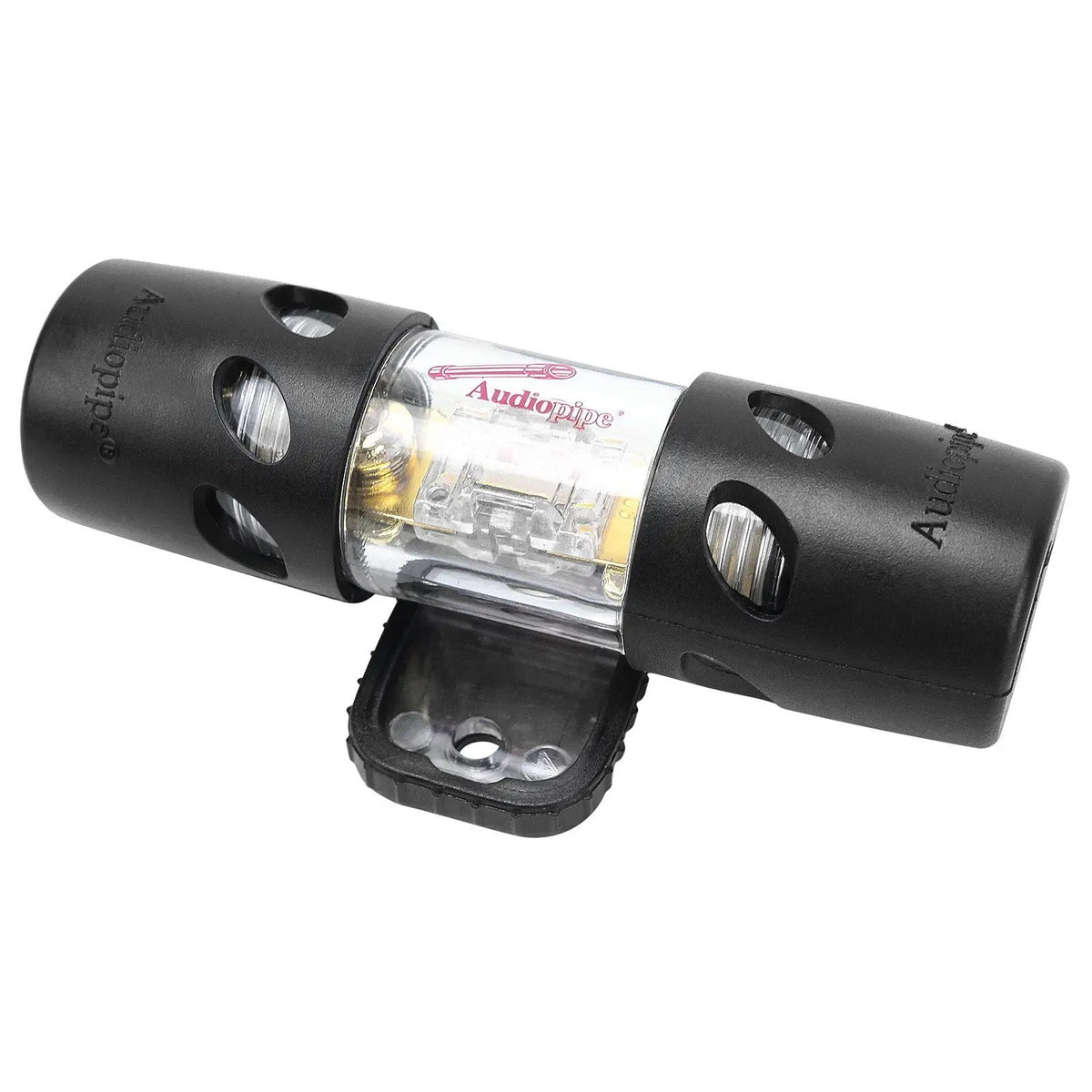Audiopipe inline fuse holder with a transparent center, black end caps and mounting base