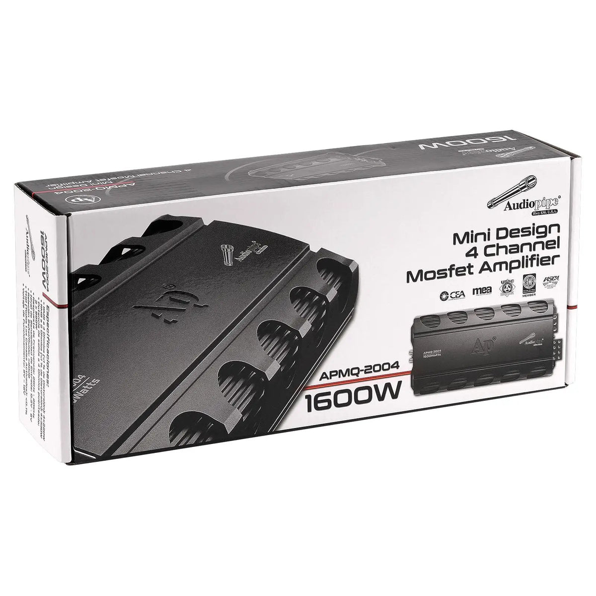 Audiopipe APMQ-2004 amplifier packaging marked Mini Design 4 Channel MOSFET Amplifier and 1600W