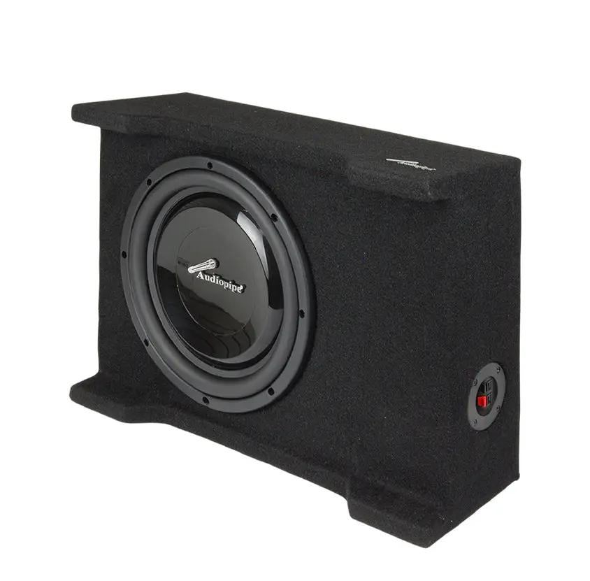 Carpeted Audiopipe subwoofer enclosure with a side terminal cup