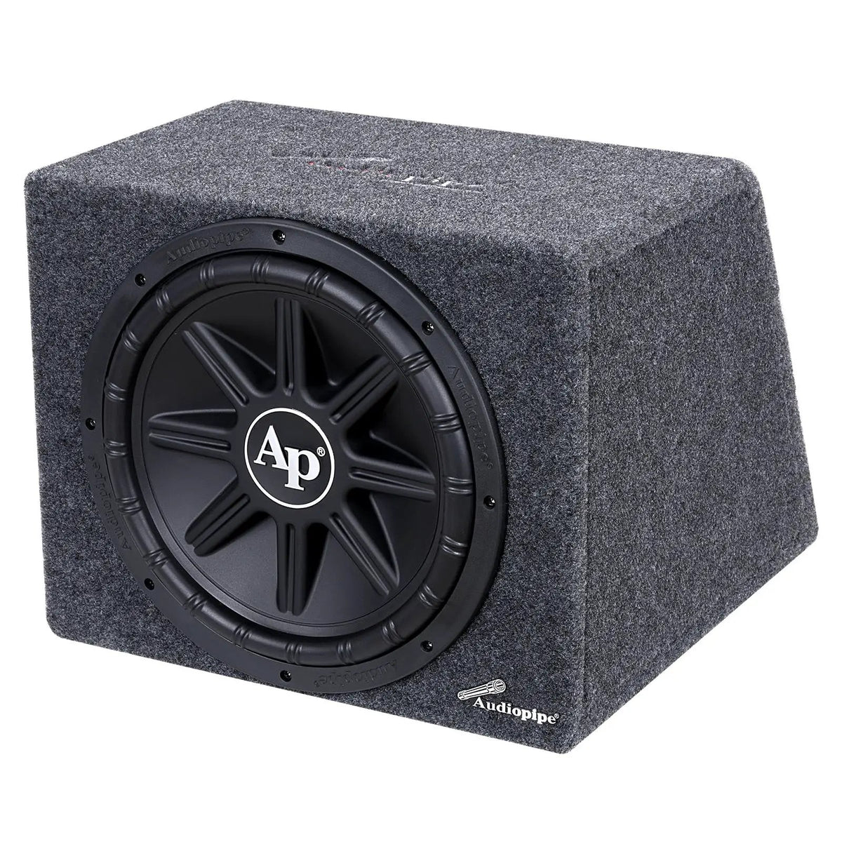 Angled gray carpeted Audiopipe subwoofer enclosure with a black spoke grille