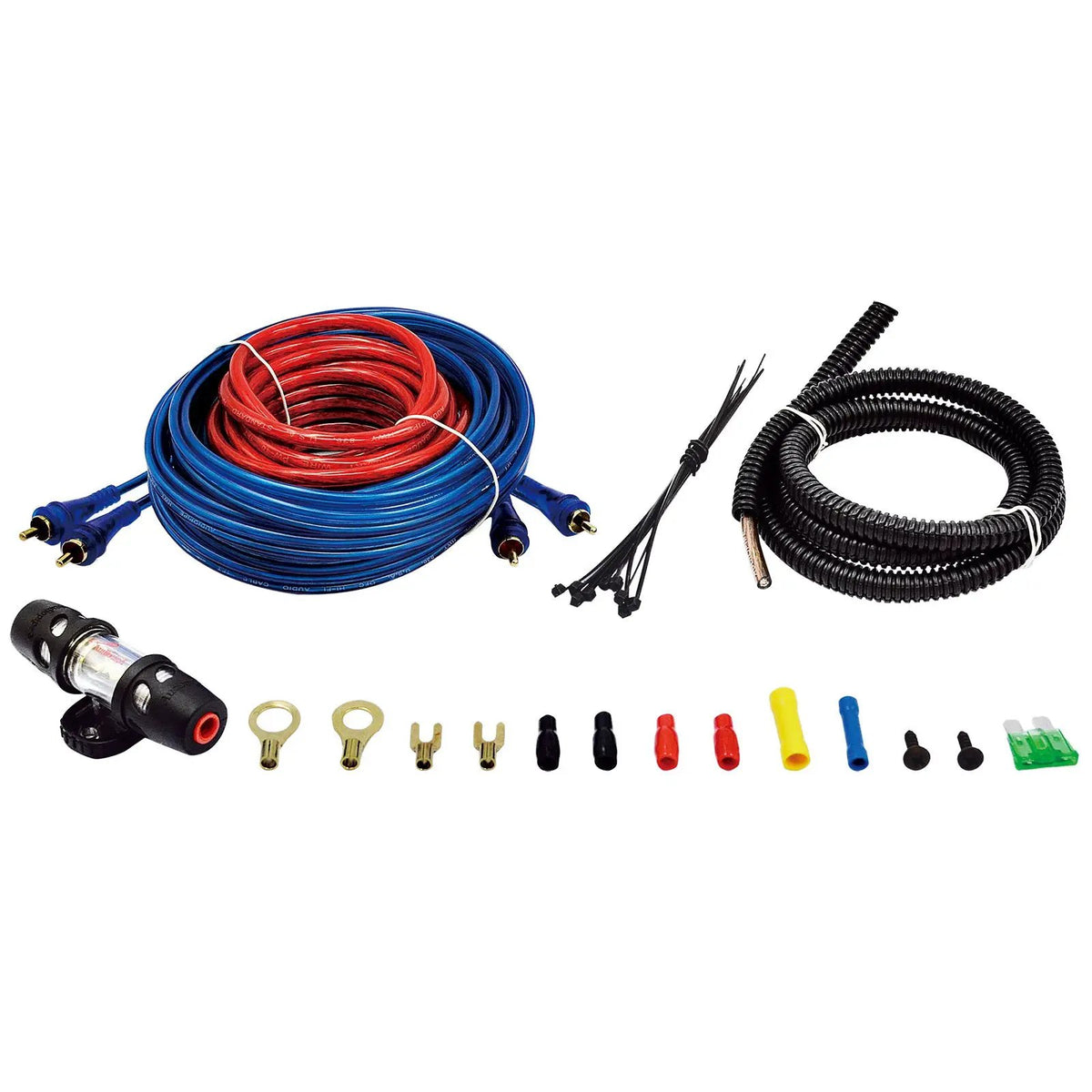 Amplifier wiring kit with coiled cables, split loom, inline fuse holder, terminals, fuse and cable ties