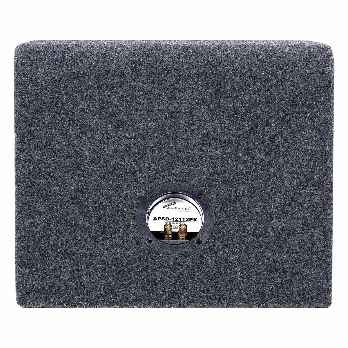 Carpeted rear of subwoofer enclosure with recessed connection terminals