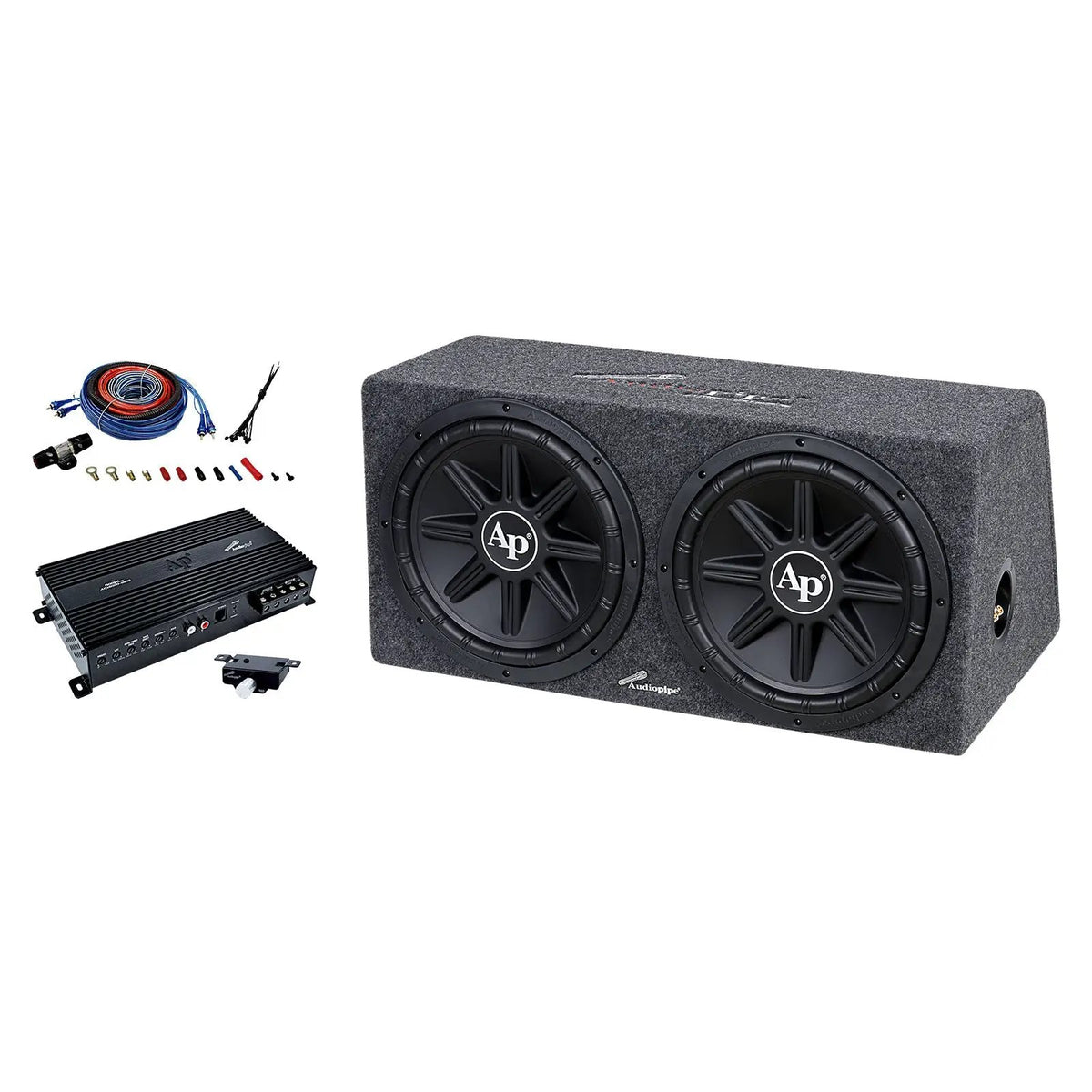 Audiopipe dual-subwoofer enclosure bundle with amplifier, wiring kit and bass remote