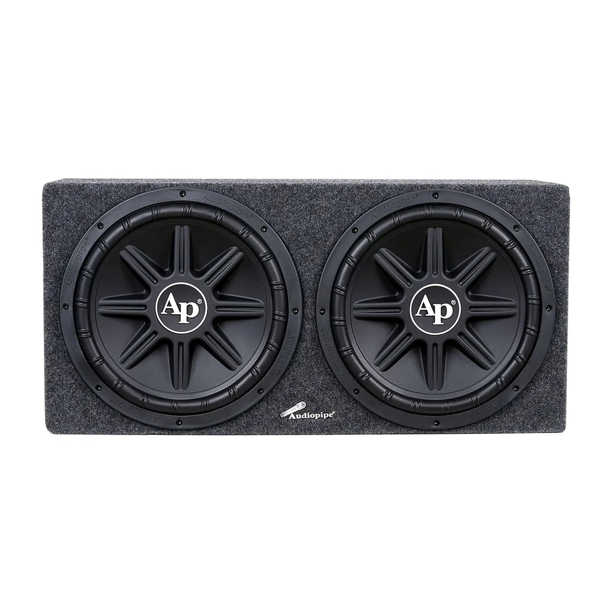 Front view of a gray-carpeted Audiopipe enclosure with two black AP-logo subwoofers